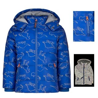 Kinder-Winter-Steppjacke blau-reflektierend mit Dino-Motiv
