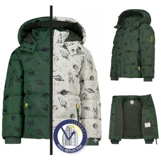 Kinder-Winter-Steppjacke grün-reflektierend mit Weltraum-Motiven