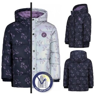Kinder-Winter-Steppjacke dunkelblau-lila reflektierend mit Einhorn-Muster
