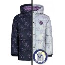 Kinder-Winter-Steppjacke dunkelblau-lila reflektierend mit Einhorn-Muster