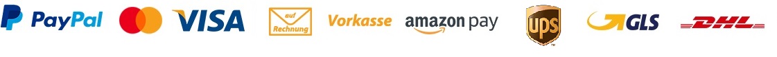 Übersicht-Logos-Zahlungsarten-PayPal+AmazonPay+Kreditkarte+Vorkasse+Packetdienstleister+DHL+GLS+UPS